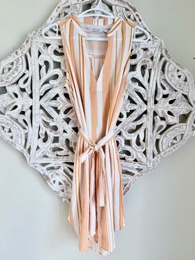 Mind Code Peach and White Striped Midi Dress